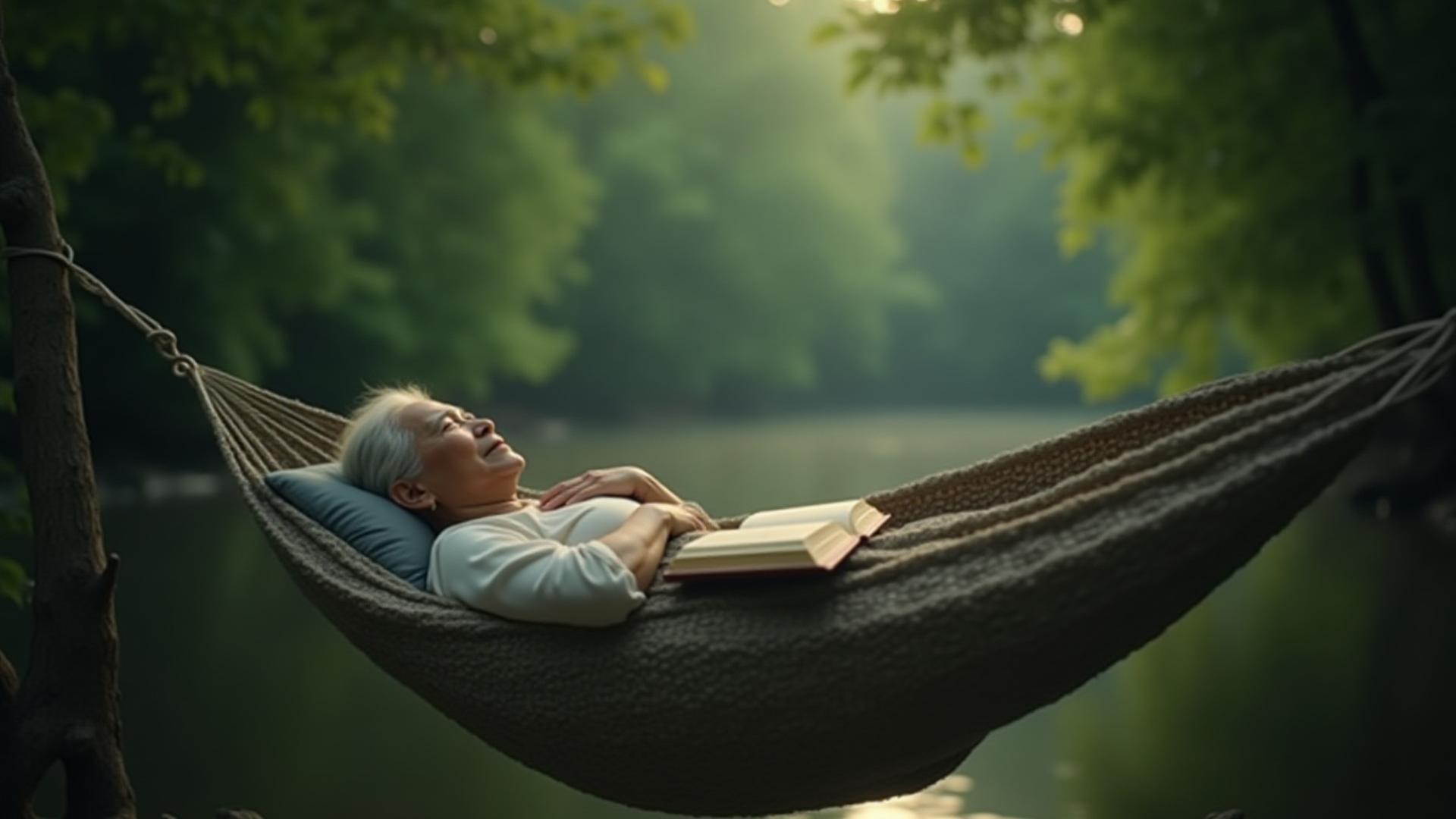 고요한 숲속 해먹에서 책을 읽는 사람의 실루엣