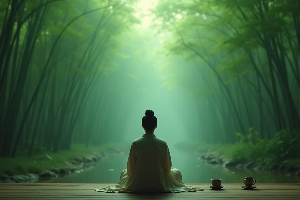 고즈넉한 한옥에서 차 한잔과 함께 명상하는 중년 여성