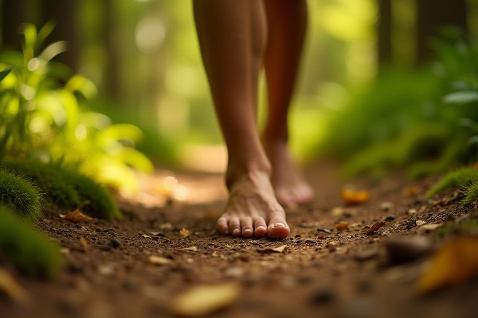 숲길에서 맨발로 걷는 사람
