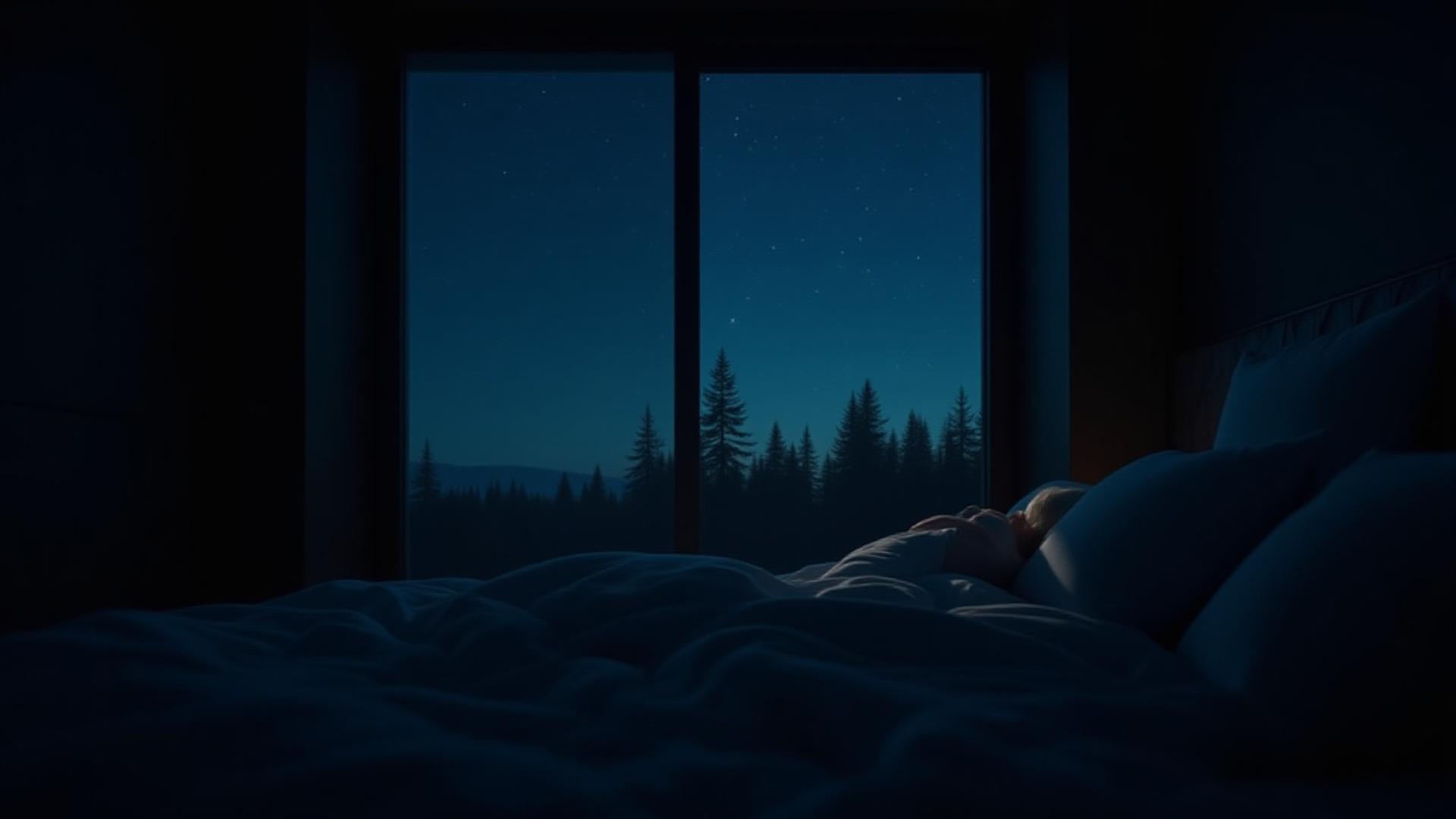 별이 빛나는 고요한 밤하늘 아래 숲속 숙소의 창문 풍경, 혹은 편안하고 깊게 잠든 사람의 평온한 모습