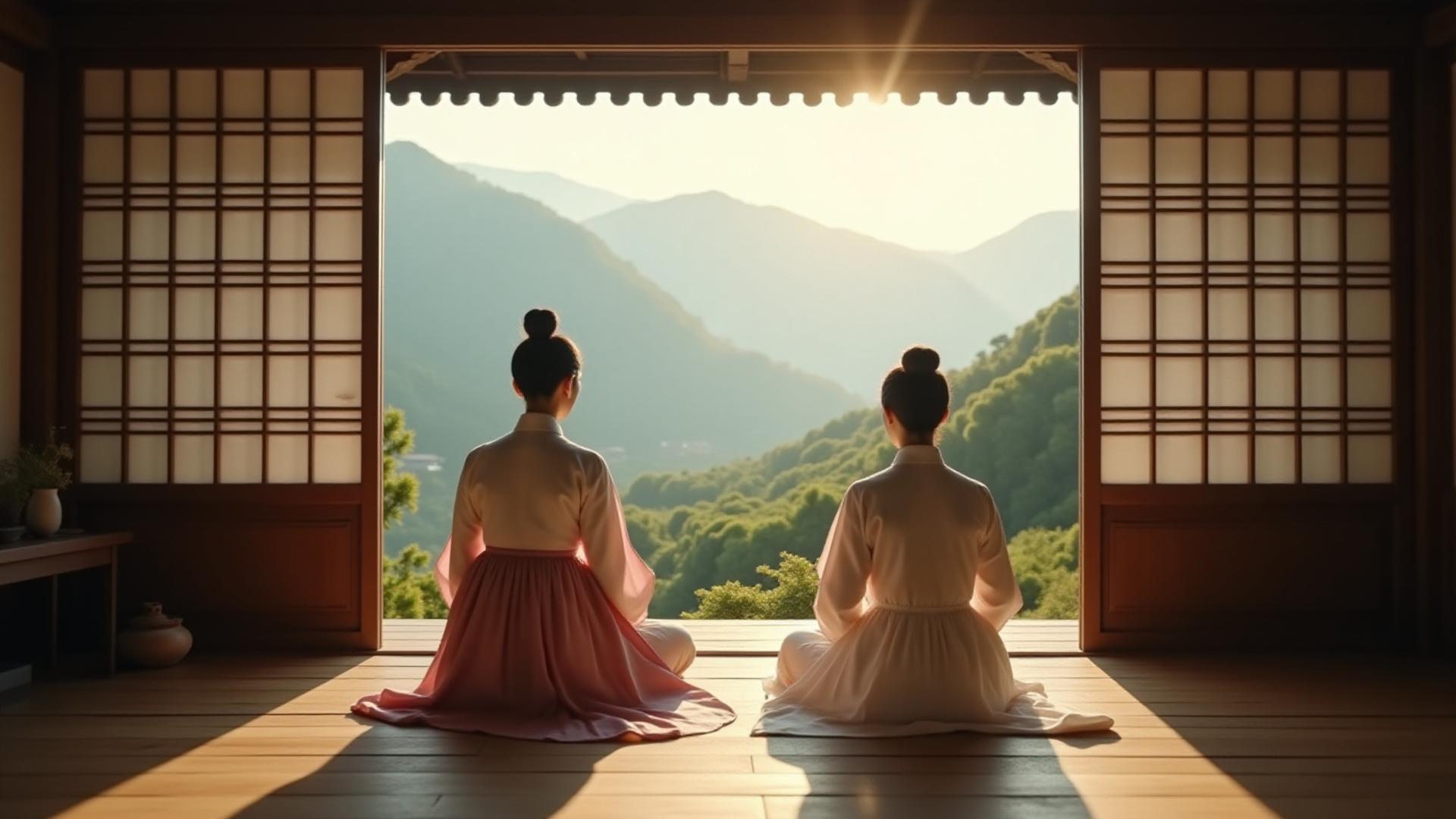 대청마루에 앉아 따뜻한 차를 마시며 고즈넉한 한옥의 풍경을 감상하는 시니어