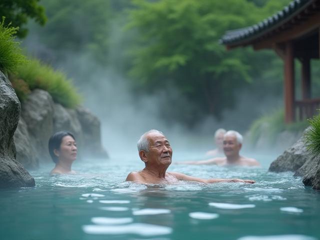 녹음이 우거진 야외 노천 온천에서 휴식을 취하는 모습